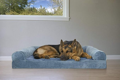 Furhaven Orthopedic Dog Bed for Large Dogs w/ Removable Bolsters &amp; Washable Cover, For Dogs Up to 95 lbs - Faux Fur &amp; Velvet Sofa - Harbor Blue, Jumbo/XL