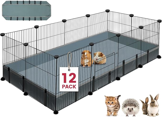 12 Panels Small Animal Playpen,Pet Playpen with Waterproof Mat,C&amp;C Cage for Guinea Pigs,Puppy Play Pen,Bunny Playpen,Indoor Outdoor Portable Metal Wire Yard Fence