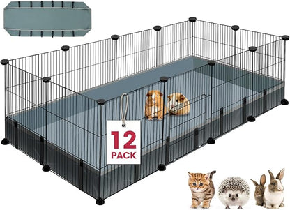 12 Panels Small Animal Playpen,Pet Playpen with Waterproof Mat,C&amp;C Cage for Guinea Pigs,Puppy Play Pen,Bunny Playpen,Indoor Outdoor Portable Metal Wire Yard Fence