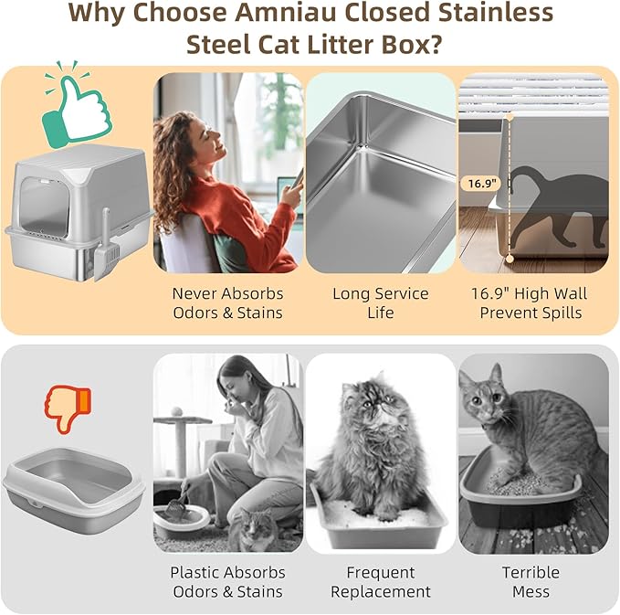 Stainless Steel Cat Litter Box with Lid, Extra Large, Great for Large &amp; Small Cats, Easy to Clean, Anti-Leakage, Non-Sticky, Multifunctional 2 in-1 Metal Cat Litter Box - Light Gray