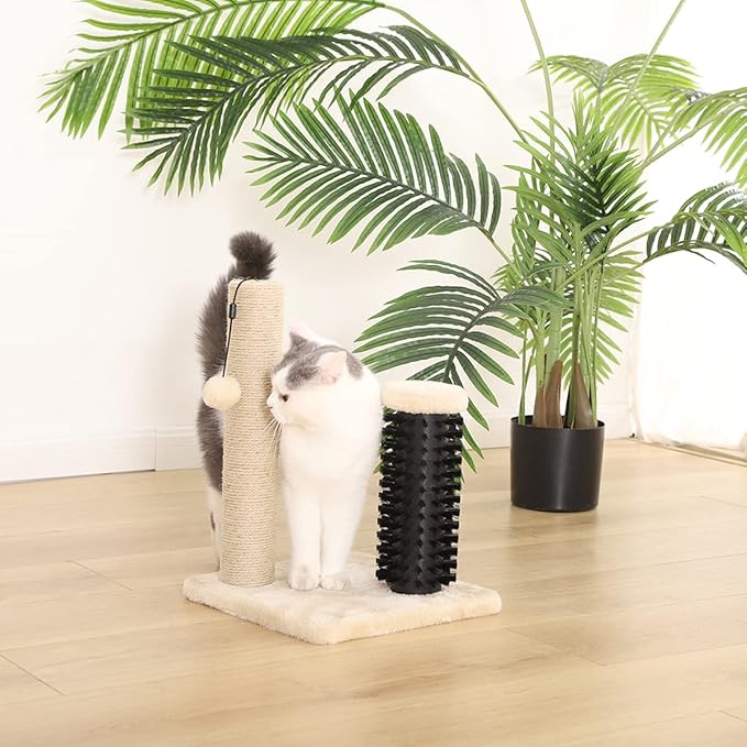 Amazon Basics Cat Scratcher - Indoor Classic Single Cat &amp; Kittens Scratching Post with Brush, Small (16.5" H) - Beige