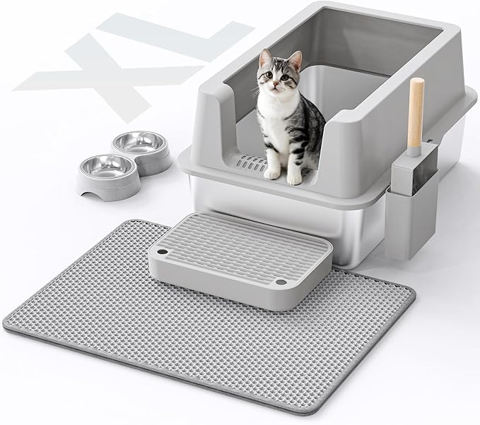 Stainless Steel Cat Litter Box - Enclosed XL Metal Kitty Litter Box with Lid for Big Cats, High Sided, Anti-Leakage, Easy Cleaning, Non-Sticky, Included Litter Mat, Cat Bowl &amp; Spoon