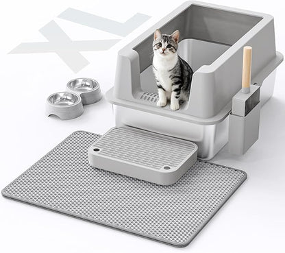 Stainless Steel Cat Litter Box - Enclosed XL Metal Kitty Litter Box with Lid for Big Cats, High Sided, Anti-Leakage, Easy Cleaning, Non-Sticky, Included Litter Mat, Cat Bowl &amp; Spoon