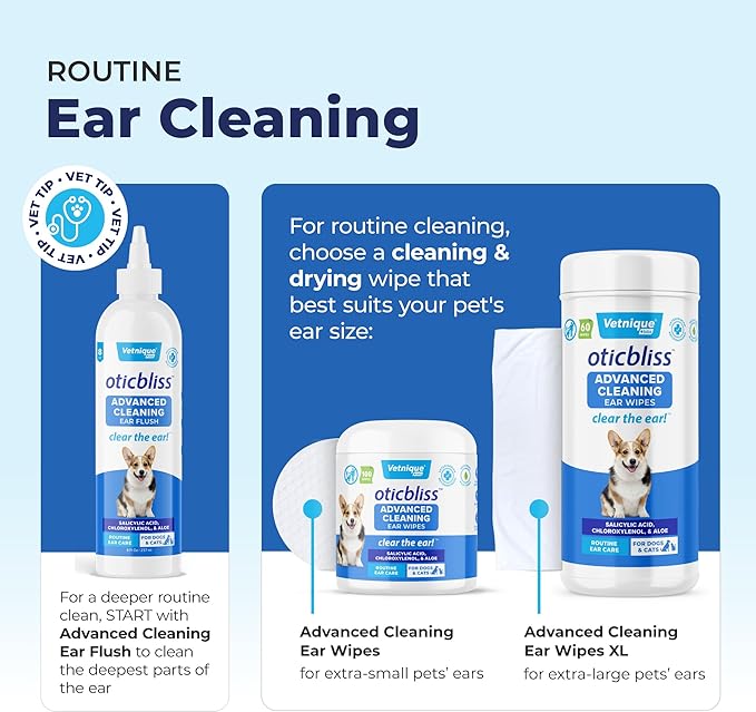 VETNIQUE Oticbliss Advanced Cleaning Ear Wipes for Dogs &amp; Cats for Odor Control, Dirt and Wax Removal with Soothing Aloe Vera, Drying Agent and Vitamin E, Clear the Ear 100ct Wipes