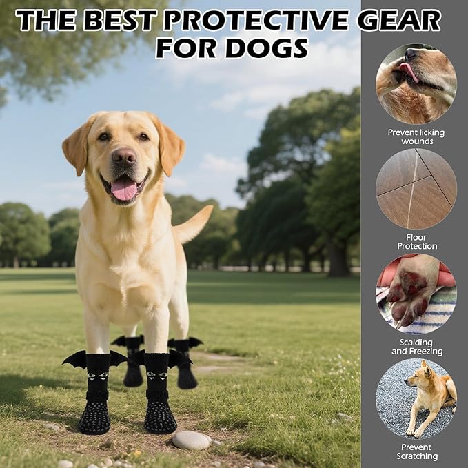 EXPAWLORER Halloween Anti Slip Dog Socks to Prevent Licking Paws, Boots &amp; Paw Protectors with Grippers,Doggie Booties for Hardwood Floors for Small Medium Large Senior Dogs Costume Black Devil Wings S