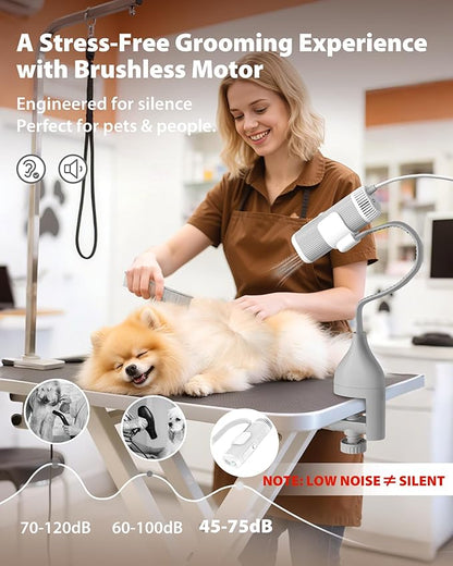 L&amp;W BROS. 2-in-1 Pet Hair Dryer with Clamp Stand – Wearable &amp; Hands-Free Dog Grooming Dryer, 950W Low Noise Blower with 5 Heat &amp; 3 Speed Settings, for Small to Medium Pets (gray)