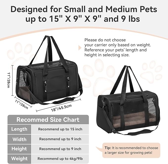 PETSFIT Soft-Sided Cat Carriers &amp; Car Seats with Patent Safe Buckles, Clip-On Harness, 18"x11"x11" Airline Approved Pet Carrier - 9 lbs Capacity (Black)