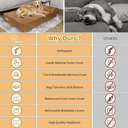 Orthopedic Dog Beds for Large Dogs, 7" Memory Foam Dog Beds with Waterproof Liner, Chew Proof Microsuede Cover, Removable and Washable, Nonskid Bottom, 60"x48" XXL Khaki