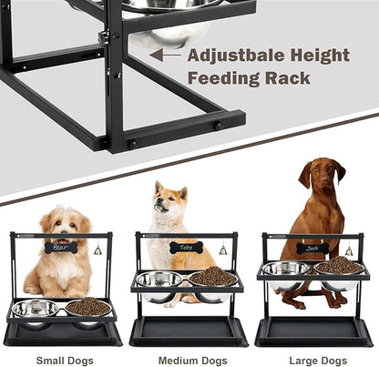 Elevated Dog Bowls with Slow Feeder for Large Dogs – Adjustable Raised Stand with 2 Stainless Steel Bowls &amp; Spill-Proof Mat, Non-Slip Dog Feeder for Large &amp; Medium Dogs (Black)