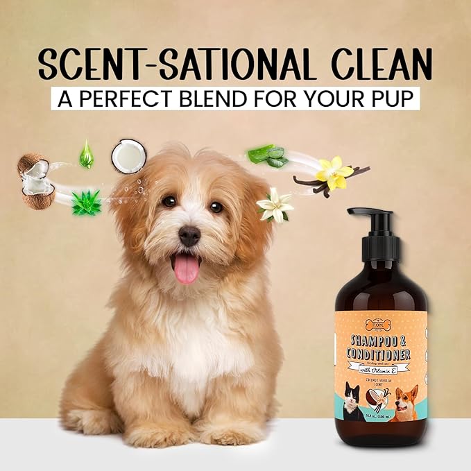 POM Pets 2-in-1 Organic Dog Shampoo &amp; Conditioner – Itchy Skin Relief, Dog Deshedding, Detangles Fur, Cat Shampoo, Paw Cleaner for Dogs, Natural Coat Defense Formula