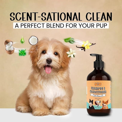 POM Pets 2-in-1 Organic Dog Shampoo &amp; Conditioner – Itchy Skin Relief, Dog Deshedding, Detangles Fur, Cat Shampoo, Paw Cleaner for Dogs, Natural Coat Defense Formula