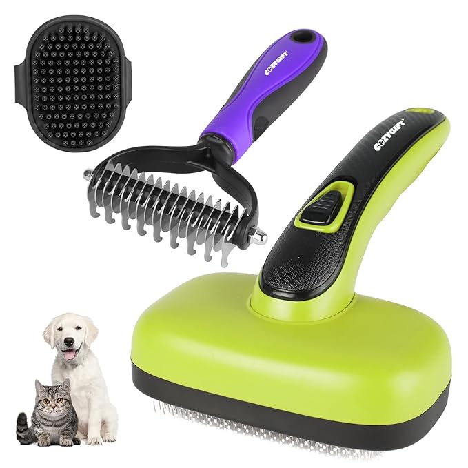 Dog Brush Kit – 3 PCS Grooming Set with Self-Cleaning Brush, Undercoat Rake &amp; Pet Bath Brush. Great for Shedding, Tangles &amp; Dirt Removal – Ideal for Long &amp; Short Haired Dogs &amp; Cats, Green
