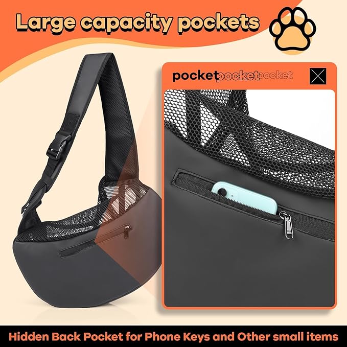 YUDODO Pet Sling Carrier for Small Dogs &amp; Cats – Hands-Free Puppy Carrier with Safety Hook, Large Zipper Pocket, Soft Breathable Mesh, Adjustable Strap &amp; Reflective Strip (Gray 3.0 S)