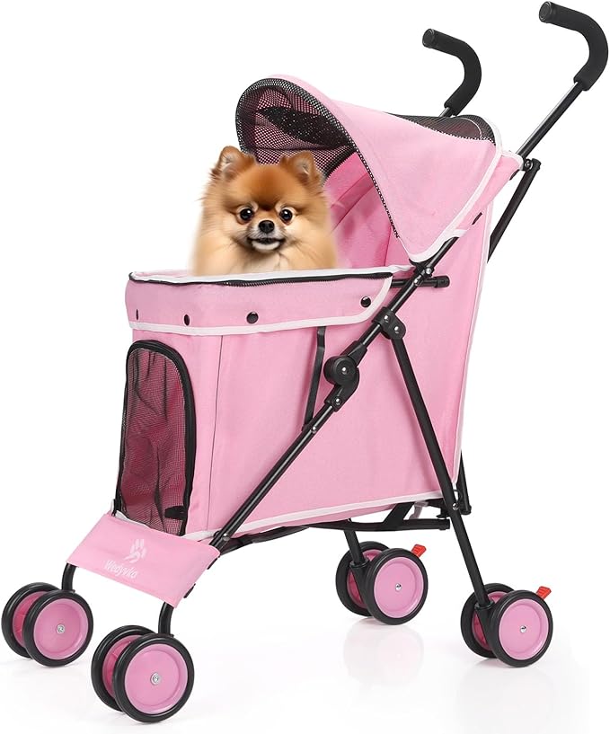 Umbrella Dog Stroller, 4 Wheels Pet Strolling, Foldable Carrier Pet Stroller for Small Dogs Cats, with Carrying Strap and Cup Holder, Dog Poop Bags &amp; Dispenser, Up to 33 lbs, Pink