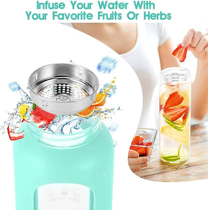 32 oz Glass Water Bottle with Straw - Motivational Time Marker &amp; Silicone Sleeve - Reusable Tumbler Includes 2 Bamboo Lids &amp; Fruit Infuser - 1 Pack