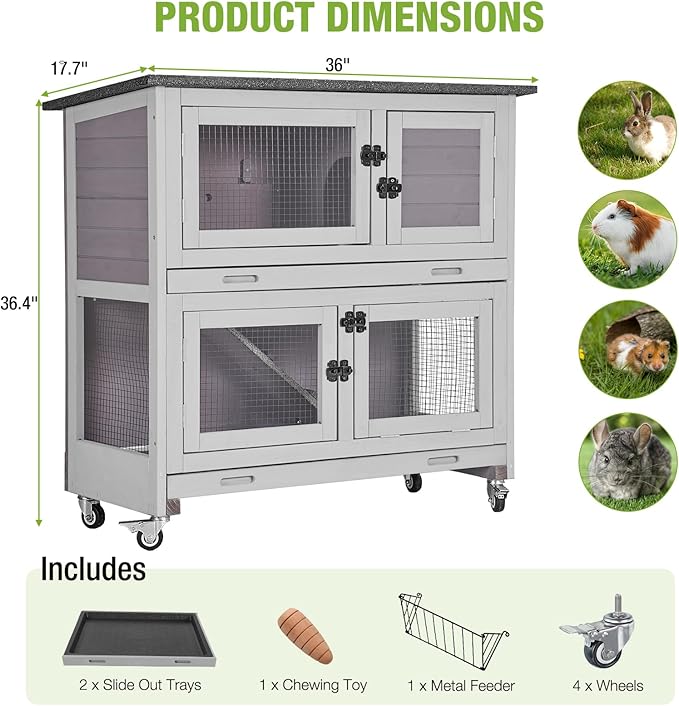 Gutinneen 2-Story Rabbit Hutch with Chew-Proof Ramp, 36" Indoor/Outdoor Rabbit Cage with 4 Casters &amp; 2 Pull-Out Trays, Wooden Bunny Hutch Leakproof Small Animal Cage for Rabbits, Guinea Pigs