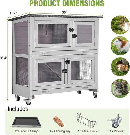 Gutinneen 2-Story Rabbit Hutch with Chew-Proof Ramp, 36" Indoor/Outdoor Rabbit Cage with 4 Casters &amp; 2 Pull-Out Trays, Wooden Bunny Hutch Leakproof Small Animal Cage for Rabbits, Guinea Pigs