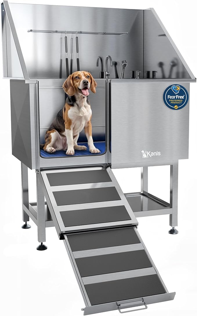 KANIS Professional Dog Washing Station - 304 Stainless Steel Pet Wash Sink &amp; Grooming Bath Tub for Home with Ramp, Shower, Floor Grate, Storage Shelf, Faucet, Drain Kit for Large, Medium &amp; Small Pets