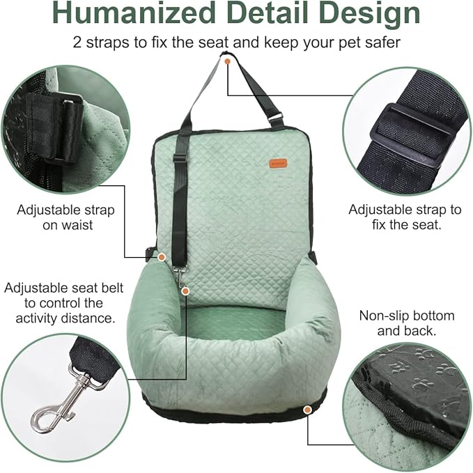 Dog Car Seat for Small Medium Dogs Up to 40lbs, Detachable Washable Soft Pet Booster Travel Bed for Front &amp; Green Seat with Safety Leash Belt