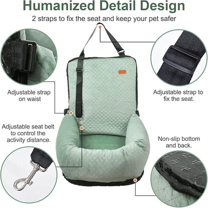 Dog Car Seat for Small Medium Dogs Up to 40lbs, Detachable Washable Soft Pet Booster Travel Bed for Front &amp; Green Seat with Safety Leash Belt