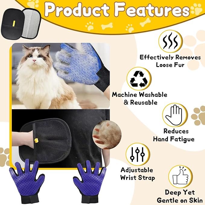 8 Pcs Pet Grooming Gloves for Shedding – 6x Reusable Cat &amp; Dog Hair Removal Gloves+ 1 Pair 2-in-1 Deshedding Brush &amp; Massage Mitt – Safe for Dogs &amp; Cats, Efficient (Blue)