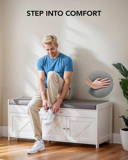 Amada Shoe Storage Bench, Entryway Bench with Cushioned Seat &amp; Lift Top Storage, 3 Doors, Adjustable Shelf, 300 lbs Capacity, Bench with Shoe Rack for Entryway, Bedroom, Living Room, White