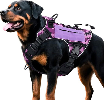 Heavy-Duty Tactical Dog Harness for Large Dogs, No Pull Adjustable Reflective Pet Vest with Molle System, K9 Military-Grade Control for Service Training, Outdoor &amp; 10+ Breeds, Purple Camo, XX-Large