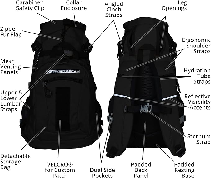 K9 Sport Sack Plus 2 - Small, Jet Black - Ideal for Dogs 13-16” Long - Adjustable, Backpack-Style Carrier with Multi-Functional Storage Pack, Thick Shoulder Straps &amp; Padded Back Panel