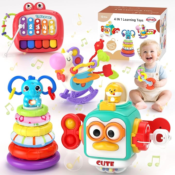 4 in 1 Baby Toy for 6 9 12 18 Month, Learning Toys for Babies 6-12 Months, Baby Busy Cube, Stacking Sorter, Pull String &amp; Piano Xylophone Travel Toy, Birthday Gift for 1 2 Year Old