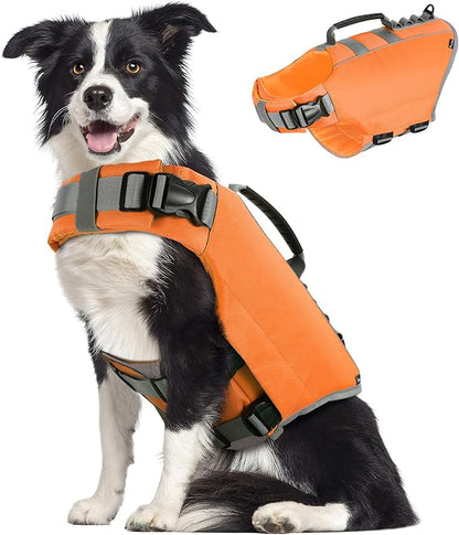 Pawaboo Dog Life Jacket, Reflective Dog Safety Vest Adjustable Pet Life Preserver with Strong Buoyancy &amp; Sturdy Rescue Handle, Ripstop Dog Lifesaver Vests for Swimming, Boating, L, Orange