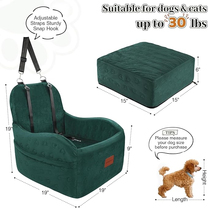 Dog Booster Car Seat for Small/Medium Dogs,6in Elevated Cushion,Fully Detachable and Washable,2 Storage Pockets &amp; 3 Straps,Fits in Front/Back Seat,Easy to Install (Green,Medium)