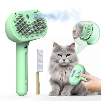 Pet Grooming Brush with Electronic Mist Spray - Gentle Deshedding Tool for Cats &amp; Dogs, Pet Steam Brush，Reduces Shedding, Soft Bristles, Promotes Healthy Coat-Comes with a hair smoothing comb-Greener