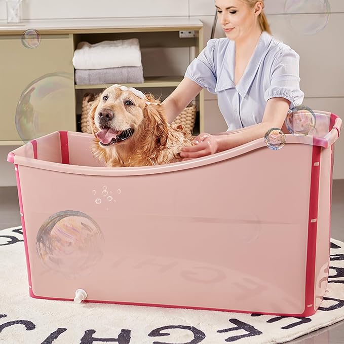 Portable Dog Bathtub for Large Dogs - 48.4Gal Foldable Pet Wash Station with Drain Plug, Insulated &amp; Non-Slip Design for Indoor/Outdoor Bathing, Grooming, Camping（Pink）