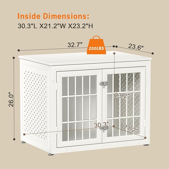 32" Heavy Duty Dog Crate Furniture for Small and Medium Dogs, Metal Kennel for High Anxiety Dogs, Chew Proof Pet Cage Indoor, Decorative Dog Kennel End Table, White