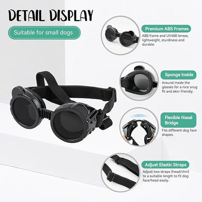 Dog Goggles for Small Breed UV/Wind/Dust Protection Puppy Sunglasses with Adjustable Strap - Black