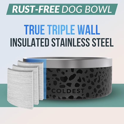 Coldest Dog Bowl - Anti Rust Metal, Non Slip, 3 Layers Insulated Stainless Steel Dog Bowls - Spill Proof &amp; Heavy Duty - Water Bowl for Dogs, Cats &amp; Pets, Dish Washer Safe (100 oz, Black Leopard)