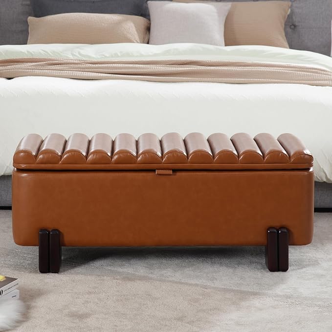 Kmax 45" Storage Bench PU Leather Entryway Bench Upholstered Ottoman Bench with Wavy Top &amp; Safty Hinge for Bedroom Living Room Hallway, Brown