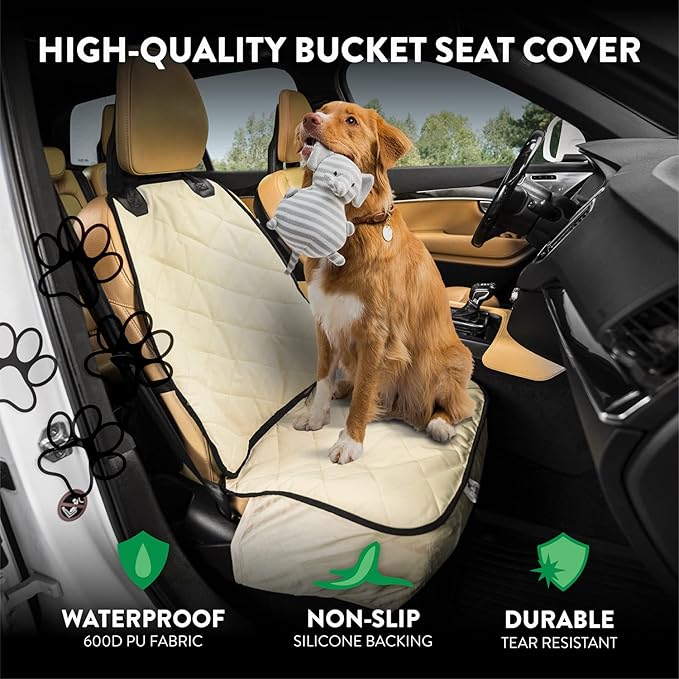 Plush Paws Products Premium Bucket Car Seat Protector | Diamond Stitching | Washable &amp; Waterproof Front Seat Dog Cover Car, Truck, &amp; SUV | Nonslip, Tear Resistant Pet Passenger Seat Cover | Tan