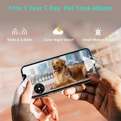 Alaga 3K Pet Camera, Dog Monitor with Phone App, 360° Pan/Tilt, Night Vision, Speaker, WiFi Cameras for Dog/Cat, Compatible with Alexa &amp; Google Assistant, Black, Includes 1-Year Pet Time Album