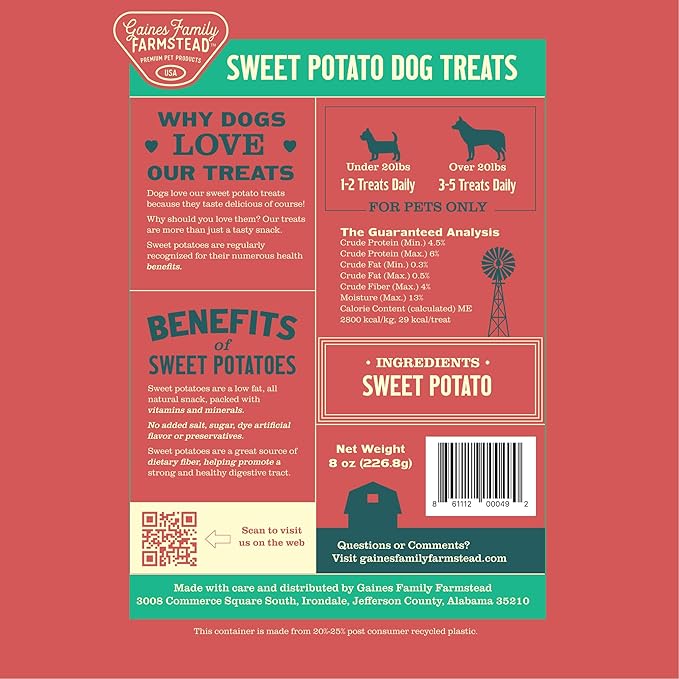 Gaines Family Farmstead Sweet Potato Chips for Dogs - 8 oz Single-Ingredient, All-Natural Dog Treats, Grain-Free &amp; High in Fiber, Made in USA, Crunchy Training Treats