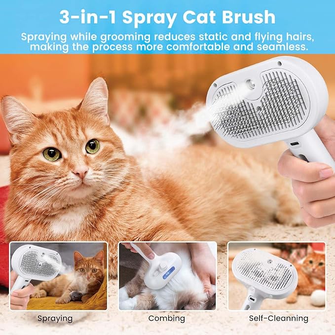 Pet Steam Brush for Dog &amp; Cat – 3-in-1 Spray Hair Removal Comb – Steam Brush for Shedding &amp; Grooming – Water for Long &amp; Short Haired Pets – Spritz Defur Comb (Green)