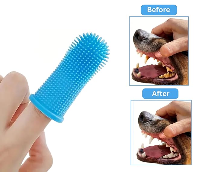3-in 1 Dog &amp; Cat Grooming Supplies- Self-cleaning Slicker Brush, Deshedding Rake Comb, And Finger Toothbrush For Dogs &amp; Cats | Perfect For Pet Grooming Kit, Dematting And Dental Tool (blue)