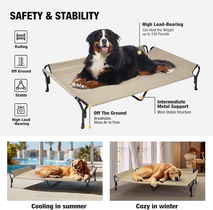 Veehoo Cooling Elevated Dog Bed, Guardrail Raised Pet Cot, Indoor &amp; Outdoor XXL Pet Bed with Washable &amp; Breathable Teslin Mesh, Non-Slip Feet, Dog Couch Bed, 62.5" x 37", Beige Coffee