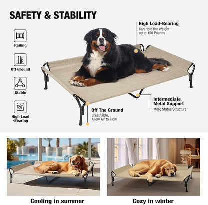 Veehoo Cooling Elevated Dog Bed, Guardrail Raised Pet Cot, Indoor &amp; Outdoor XXL Pet Bed with Washable &amp; Breathable Teslin Mesh, Non-Slip Feet, Dog Couch Bed, 62.5" x 37", Beige Coffee