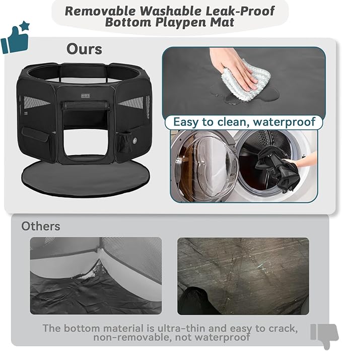 PETSFIT Portable Dog Playpen,36" Dog Play Pen Indoors with Removable Waterproof Mat &amp; Zippered Roof | RV, Camping, Travel Dog Pen | Whelping &amp; Cat Observation Space(36" L x 36" W x 21" H)