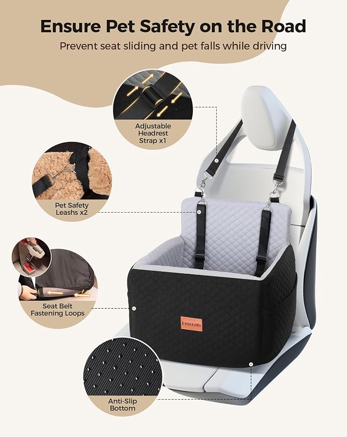 Dog Car Seat for Small &amp; Medium Dogs Under 35lbs, Detachable &amp; Washable Pet Car Seat, Interior Height 6 Inches Pet Travel Bed with Storage Pockets and 2 Dog Safety Belts (Black/Gray)