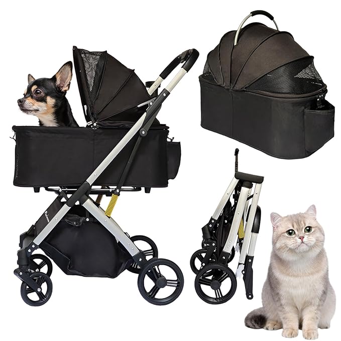 Pet Stroller for Small &amp; Medium Dogs Cats up to 55 lbs 4-in-1 Foldable Travel Pet Stroller with Detachable Carrier Lightweight All-Terrain Spring Damping,Car Seat,Sun Canopy,Black