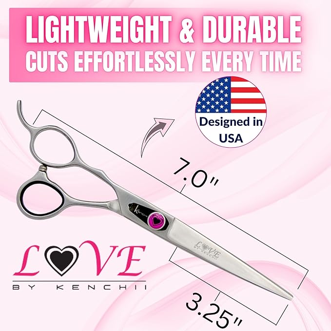 Kenchii Love Left Handed Dog Grooming Scissors, 7 Inch Straight Shears, Dog Scissors for Grooming, Professional Pet Grooming Scissors, Ergonomic &amp; Comfortable