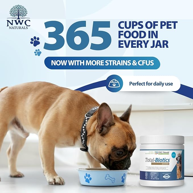 NWC Naturals Total-Biotics, Cat &amp; Dog Probiotics for Digestive Health with Prebiotic, Unflavored Probiotic for Dogs &amp; Cats, Supplement for Gut, Skin, Coat, Upset Stomach Relief, 365 Servings, 8 Ounces