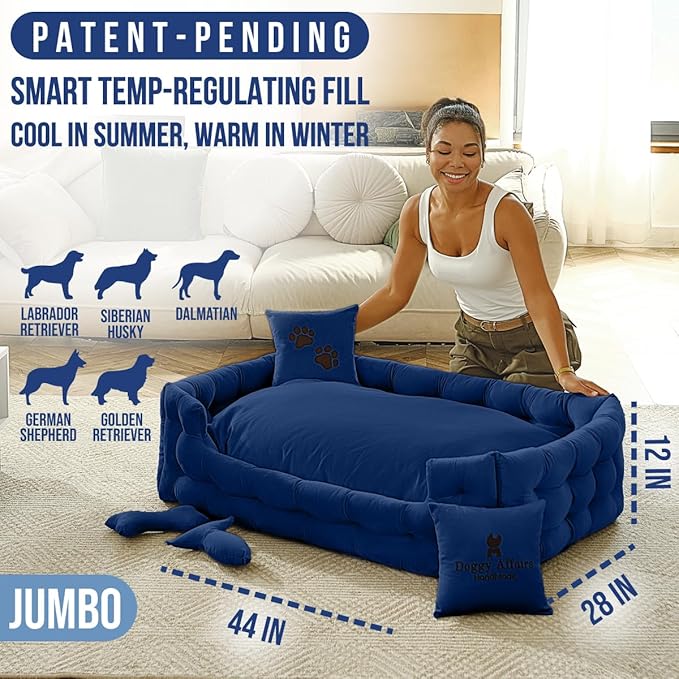 Luxury Dog Bed Chesterfield – Handcrafted Velvet Throne for Dogs | Joint Support, Calming &amp; Temp-Regulating Comfort | Durable 5+ Years, Anti-Claw, Washable 100+ Times – XL, Blue